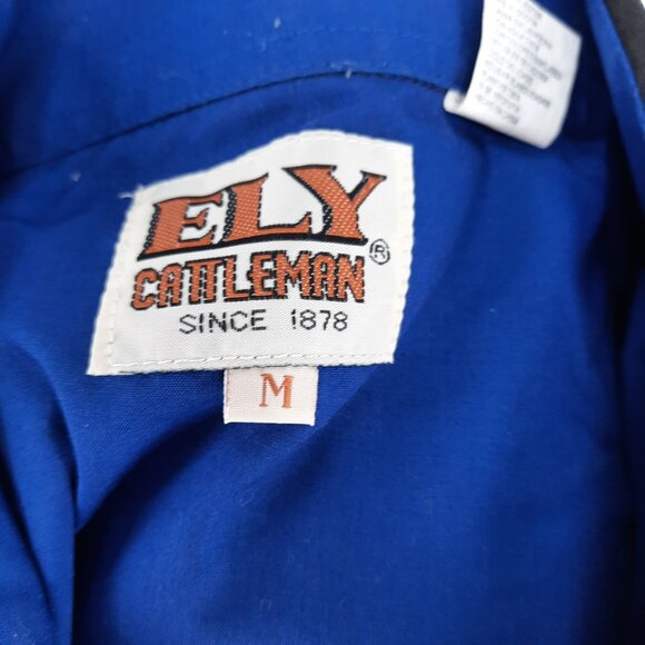 Ely Cattleman Rodeo Western Blue Shirt Men's Size M Roping Cowboy Black Snap - Picture 6 of 7